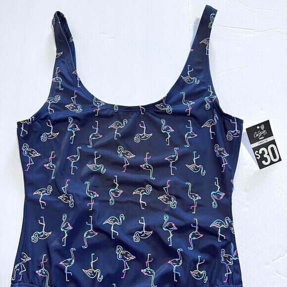 City Streets Women's One-Piece Navy-Blue Swimsuit with Neon Flamingo Print - Picture 5 of 12